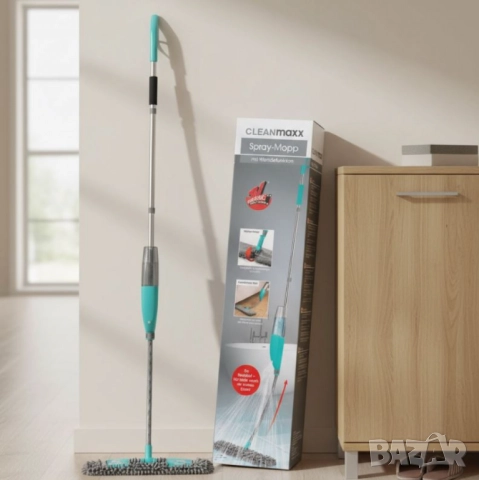 Спрей моп CLEANmaxx със сменяема кърпа и телескопична дръжка – чист под без кофа и без навеждане