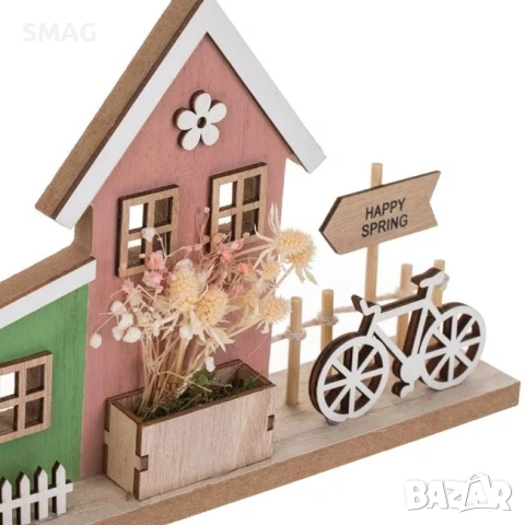 Великденска дървена къщичка в розово и зелено с велосипед и сухи цветя, 22x5x16 см._1247736