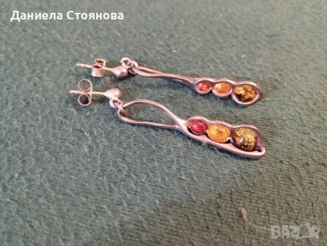 Сребърни обеци с три цвята кехлибар