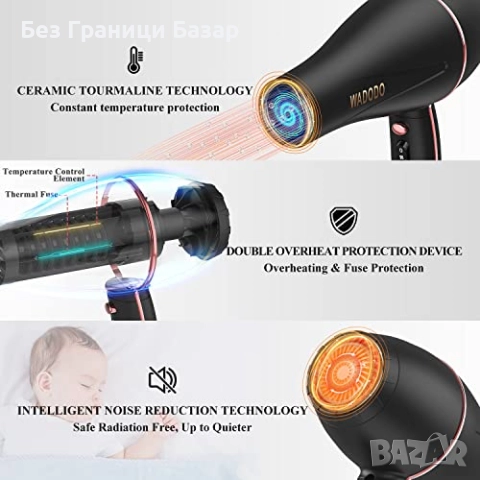 Нов Мощен сешоар за бързо сушене 2200W йонна и керамична технология с 3 накрайника за жени коса , снимка 3 - Сешоари - 51628095
