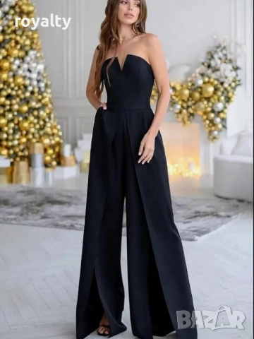 Елегантен черен гащеризон с широки крачоли