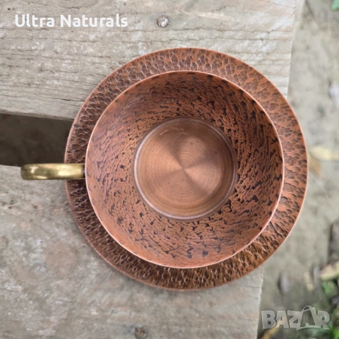 Медна чаша с чинийка употребявана, ръчно изработена