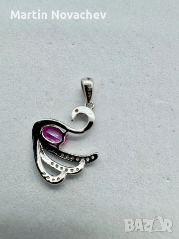 Сребърна висулка лебед с естествен розов топаз, снимка 4 - Колиета, медальони, синджири - 53331829