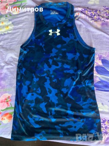 Under Armour Blue L Fitted Heat Gear Camouflage Tank Top in EUC, снимка 1 - Спортни дрехи, екипи - 46021397