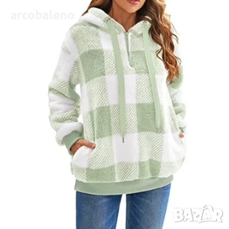 Дамски суичър с дълги ръкави и качулка на каре, 7цвята , снимка 7 - Суичъри - 42319279