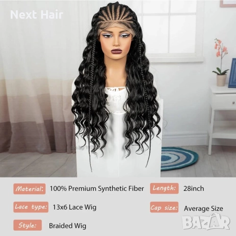 Екзотична черна синтетична перука с пълзящи плитки и къдрава дължина 70 см - Lace Front 13x6, снимка 3 - Аксесоари за коса - 52878519