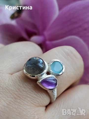 Красив сребърен пръстен с Лабрадорит, Аметист и Халцедон, снимка 5 - Пръстени - 54234681