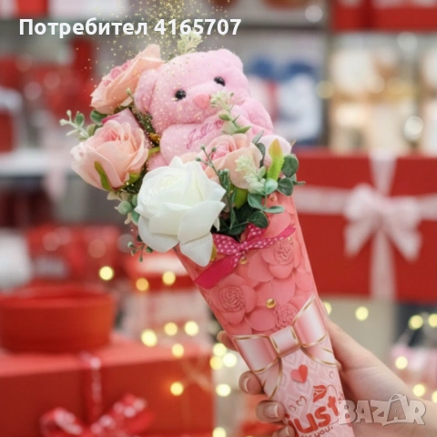 Декоративен подаръчен букет с плюшено мече и изкуствени цветя, снимка 2 - Други - 53075162