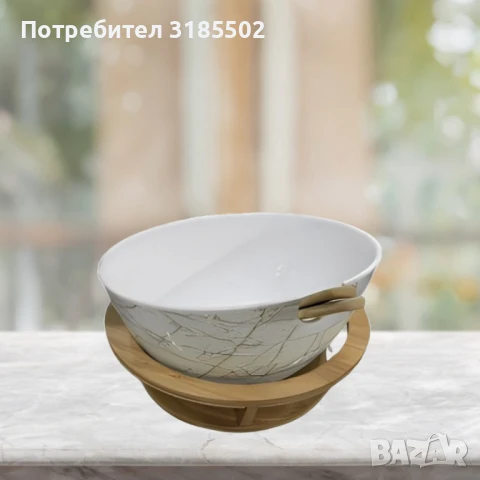 Керамична купа с дървена стойка и мраморен ефект, снимка 5 - Прибори за хранене, готвене и сервиране - 51420612