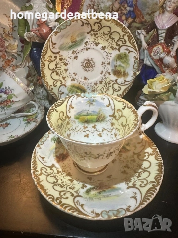 Антика Coalport England Circa 1827 – Порцеланова чаша с чинийка | Ръчно рисувани пейзажи, снимка 3 - Декорация за дома - 54059981