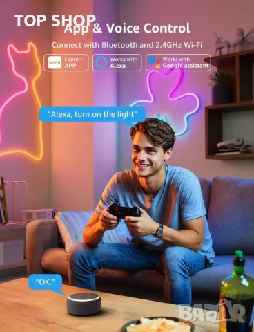 Lepro N1 неонова LED лента, синхронизация с музика, управление с глас, 3 м, снимка 8 - Лед осветление - 49340649