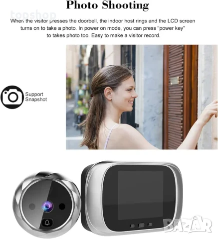 Цифрова шпионка за врата ACAGALA с камера и звънец, 2.8" LCD екран, нощно виждане, фотозаснемане..., снимка 6 - Друга електроника - 50555701