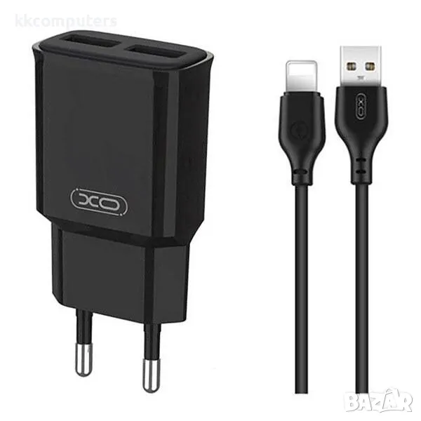 Зарядно/Адаптер 220V / XO-L92C 2.4A / 2xUSB QC 3.0 / + USB - Lightning Кабел / Черен / Баркод : 4564, снимка 1