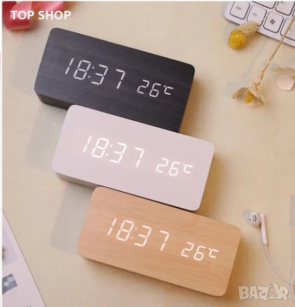 Дигитален часовник, USB Wooden Clock, Tермометър, LED, Дървен, Черен, снимка 1