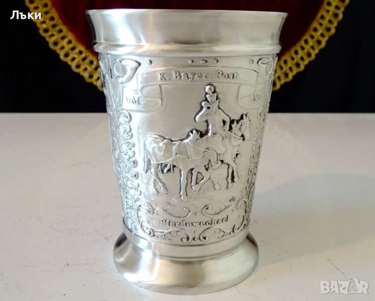 Чаша от калай за вино с пощенски коне. , снимка 1