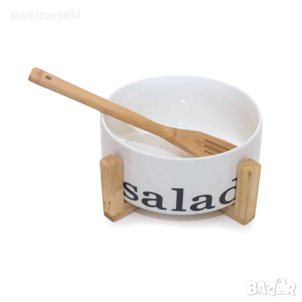 Керамична купа за салата върху бамбукова поставка, снимка 1