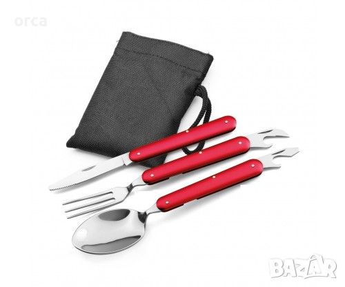 Комплект туристически сгъваеми прибори за къмпинг нож, вилица, лъжица с калъф, снимка 1