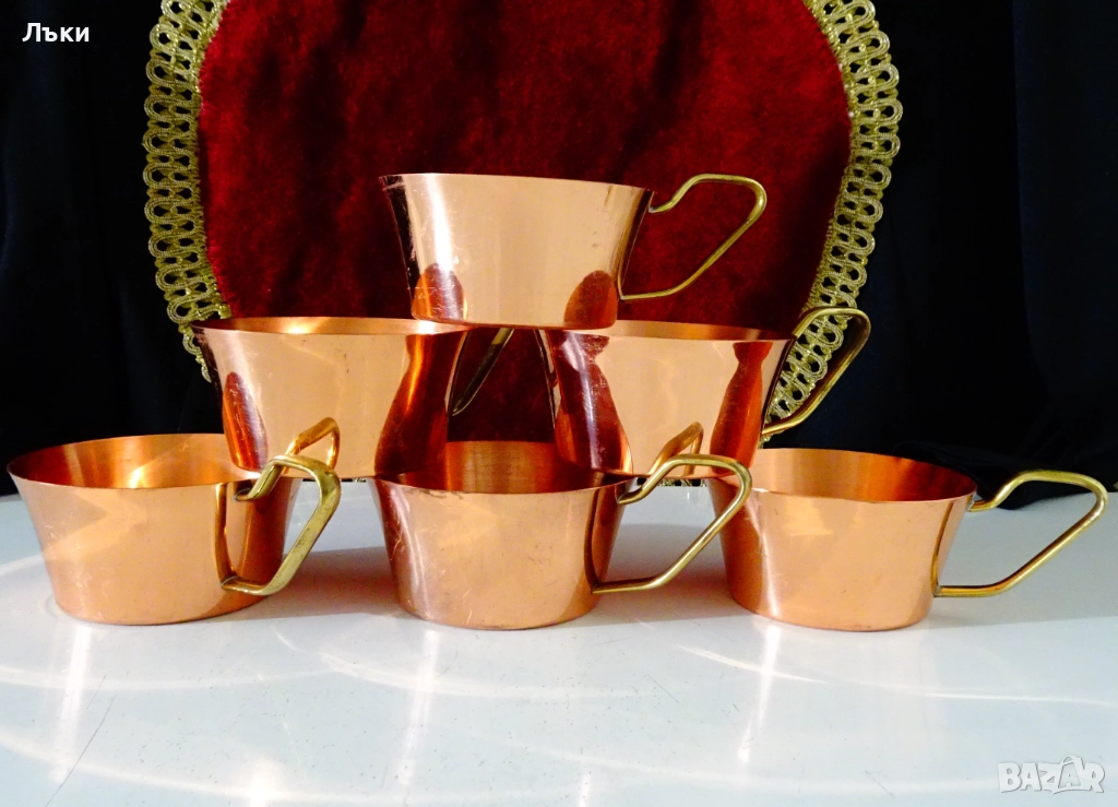 Медни чаши,чиста червена мед,бронзова дръжка, снимка 1
