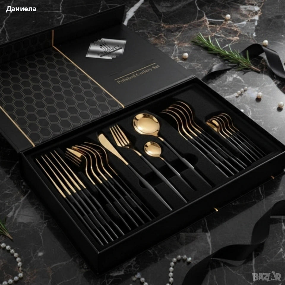 Комплект прибори за хранене от 24 части с луксозен дизайн и магнитна кутия, снимка 1
