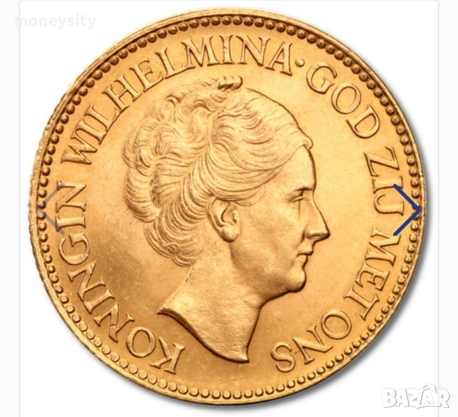 Златна монета Холандски 10 гулдена Вилхемина, снимка 1
