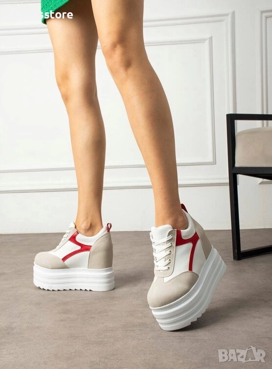 Кецове на платформа - бяло, сиво и червено - SJN80 , снимка 1