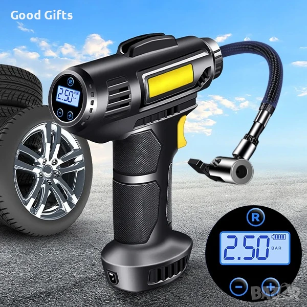 Цифров въздушен компресор за автомобил – LED дисплей, 12V, с LED светлина и дюзи, снимка 1
