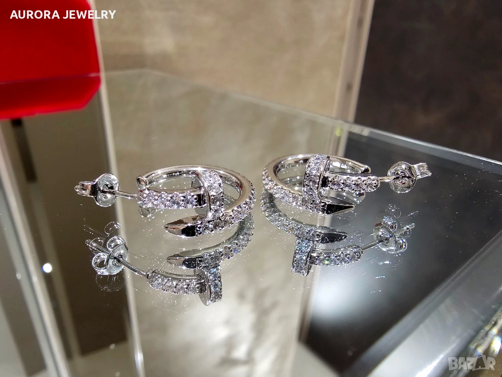 CARTIER Nail Juste un Clou Hoop Silver Diamonds Дамски Обеци Пирон, снимка 1