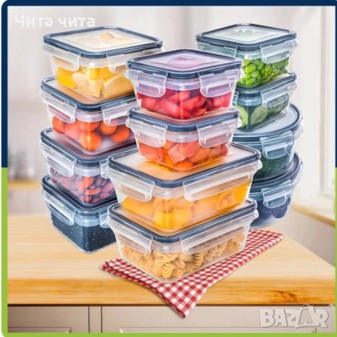 Комплект от 12 кутии за храна за обяд – пластмасови контейнери с капаци, снимка 2 - Кутии за храна - 52860403