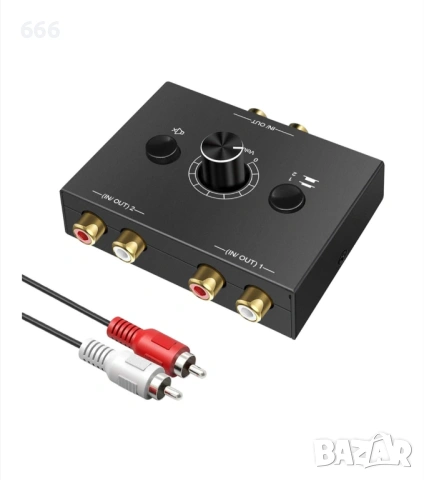 Стерео аудио превключвател с кабел, Метален, 7.8x4.8x2cm, Черен