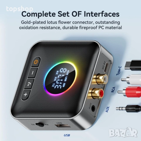 Нов 2-в-1 Bluetooth 5.4 Приемник и Предавател MOREGAX M10 – RGB, Дисплей, FM и USB , снимка 7 - Друга електроника - 53390559