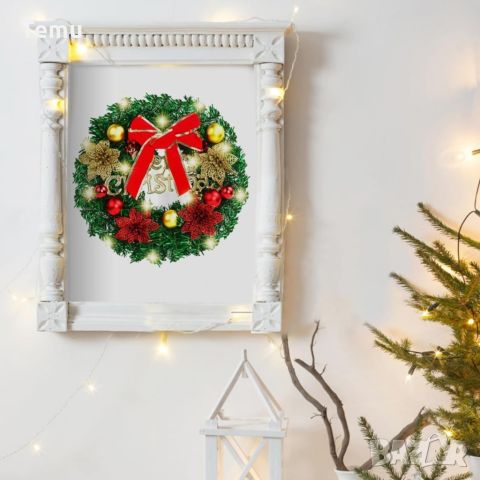 Коледен венец Mеrry Christmas с панделка, Диаметър: 30см. 🎄 "Merry Christmas" послание: Венецът пред