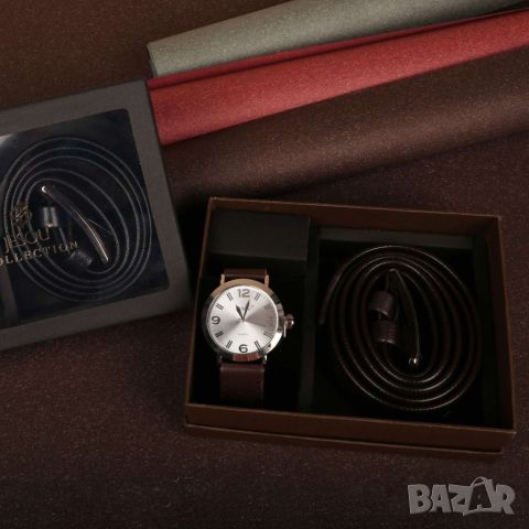 Подаръчен комплект Колан в черен цвят заедно с часовник кафяв/черен, снимка 1 - Подаръци за мъже - 46412466