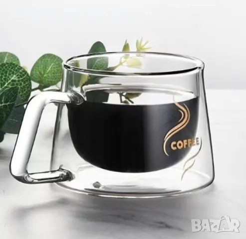 Чаша за кафе 200 мл от двустенно боросиликатно стъкло, COFFEE послание, термоустойчива,, снимка 4 - Чаши - 47617021