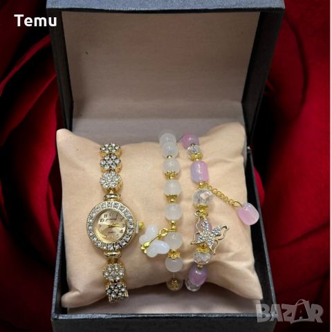 Дамски комплект от стилен часовник с цирконии и два броя гривни с естествени камъни и висулки пеперу, снимка 1 - Гривни - 45762384