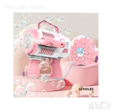 Пистолет за сапунени балони Mercado Trade, С резервоар, LED светлина, Розов