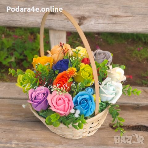 Ароматен букет от сапунени рози в кошница. Идеален подарък за всеки повод. , снимка 1 - Декорация за дома - 46293787