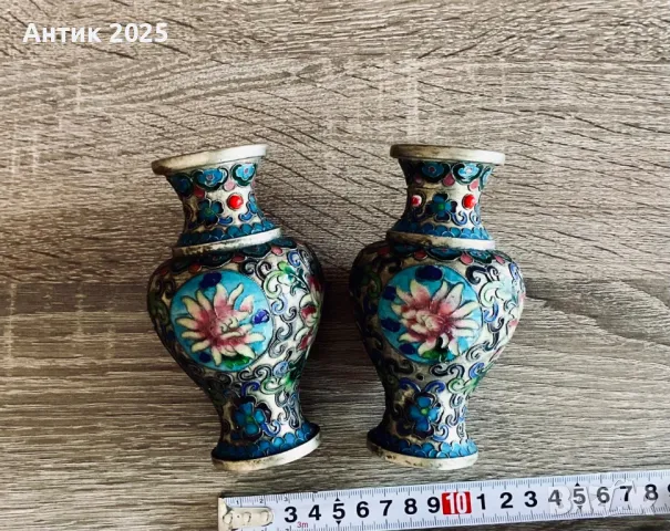 Винтидж посребрени вази с ръчно рисувана флорална декорация, снимка 4 - Антикварни и старинни предмети - 50432927