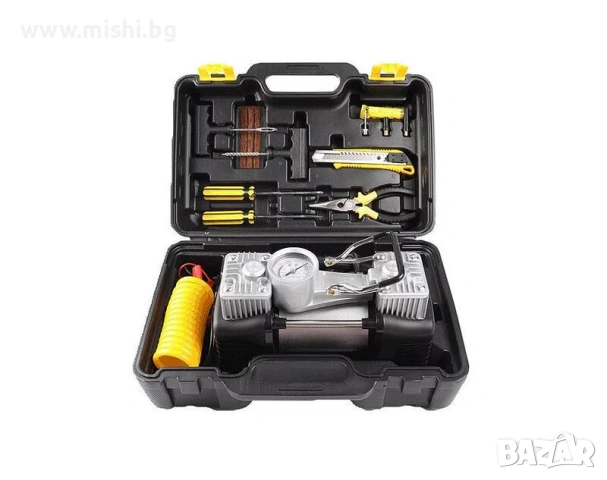 Комплект клин с компресор 12V 2 цилиндъра и 7 аксесоара за ремонт и помпане на гуми