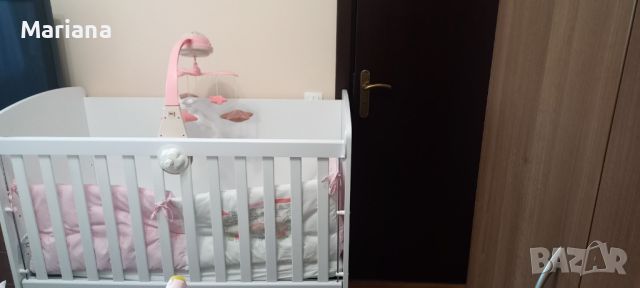 Нова бебешка кошара бяла дървена легло+ матрак + обикалник, снимка 2 - Кошарки - 46434404