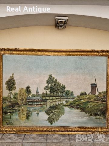 Стара огромна холандска антикварна авторска картина масло върху платно , снимка 7 - Антикварни и старинни предмети - 45843183