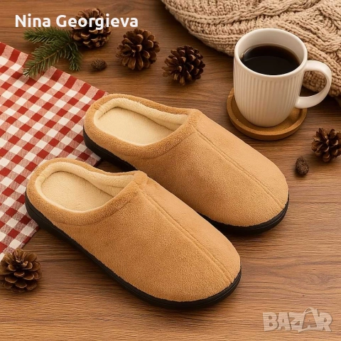 Топли и удобни домашни чехли в сив/ светло кафяв цвят, снимка 3 - Чехли - 53255249