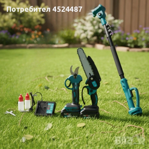 Комплект 3 в 1 от акумулаторна лозарска ножица, акумулаторен мини верижен трион и телескопичен прът, снимка 2 - Моторни триони/резачки - 53373052