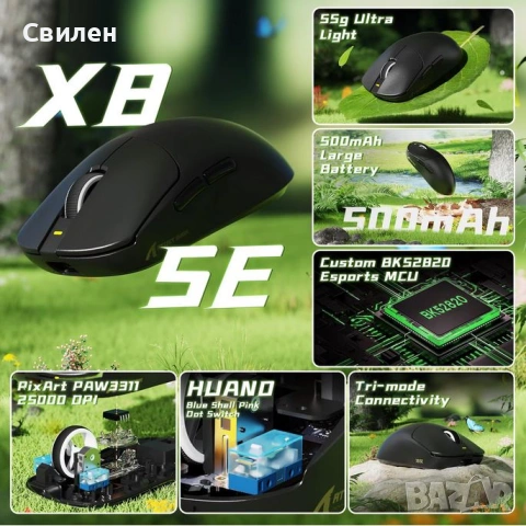 Безжична лека геймърска мишка ATTACK SHARK X8 SE | програмируема USB/BT/2.4GHz | 1k pooling rate, снимка 6 - Клавиатури и мишки - 54223241