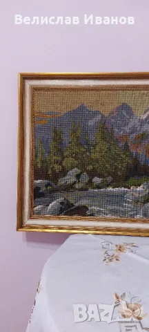 Антикварен гоблен планински пейзаж в перфектно състояние. , снимка 2 - Гоблени - 50245224