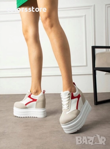 Кецове на платформа - бяло, сиво и червено - SJN80 