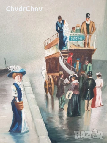 92х71см/стара голяма картина масло върху платно/градски пейзаж-Лондон-мост-карета/дървена рамка, снимка 3 - Картини - 50953397