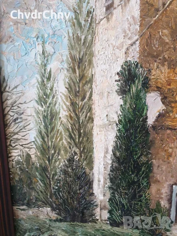 Teck 69х59см/стара картина масло върху платно/пейзаж-кула-градина/дървена рамка, снимка 4 - Картини - 51358094