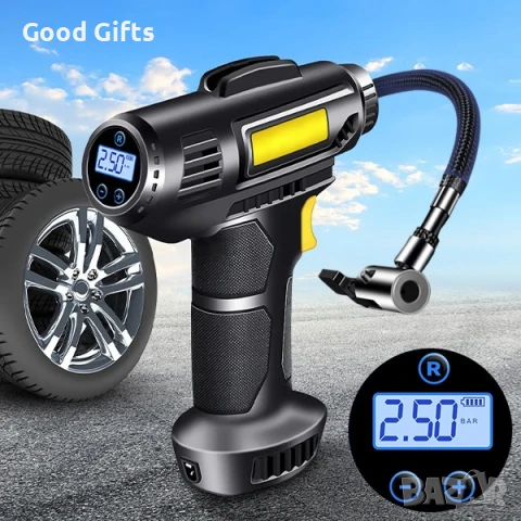 Цифров въздушен компресор за автомобил – LED дисплей, 12V, с LED светлина и дюзи