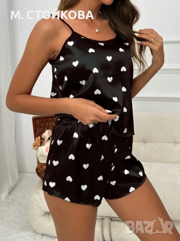 сатененена пижама - потник и къси гащи, снимка 5 - Пижами - 51207177