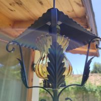 Уникален старинен полилей от ковано желязо с красиви орнаменти и стъкленица , снимка 3 - Лампи за таван - 46020162